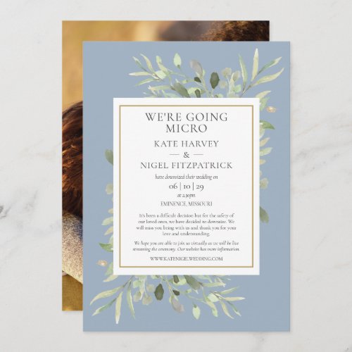 Dusty Blue Going Micro Downsized Photo Wedding Invitation