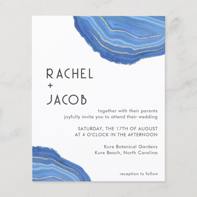 Dusty Blue & Gold Agate Summer Wedding Invitation (Front)