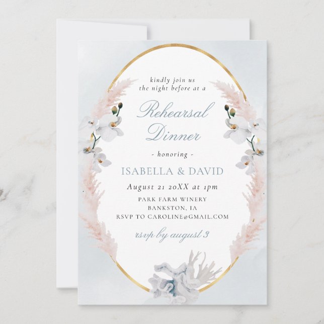 Dusty Blue & Gold Beach Coral Rehearsal Dinner Invitation (Front)