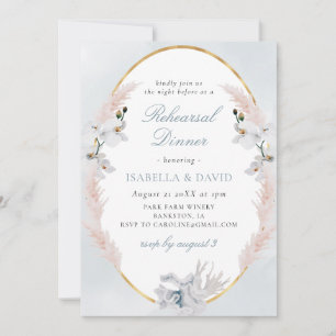 Dusty Blue & Gold Beach Coral Rehearsal Dinner Invitation