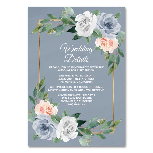 Dusty Blue Gold Blush Peach Wedding Insert Cards (Front)