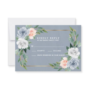 Dusty Blue Gold Blush Peach Wedding RSVP Cards
