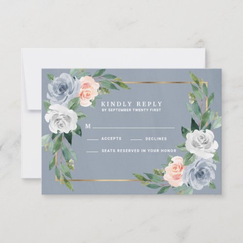 Dusty Blue Gold Blush Peach Wedding RSVP Cards