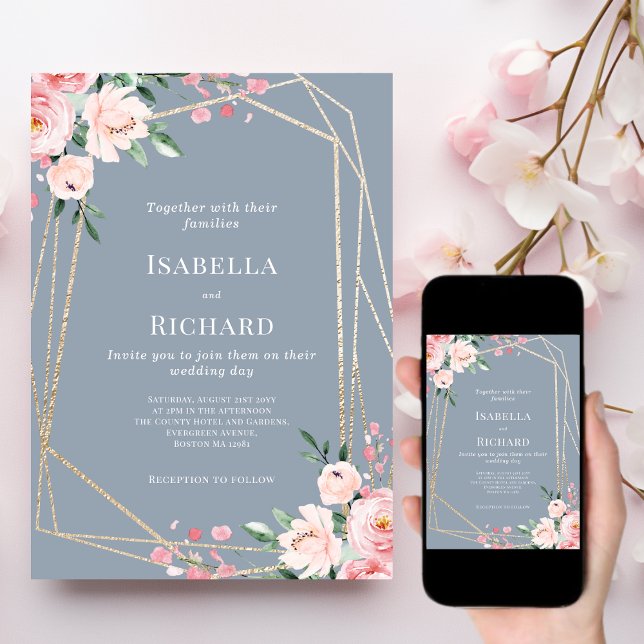 Dusty Blue | Gold | Blush Pink Floral | Wedding  Invitation (Creator Uploaded)