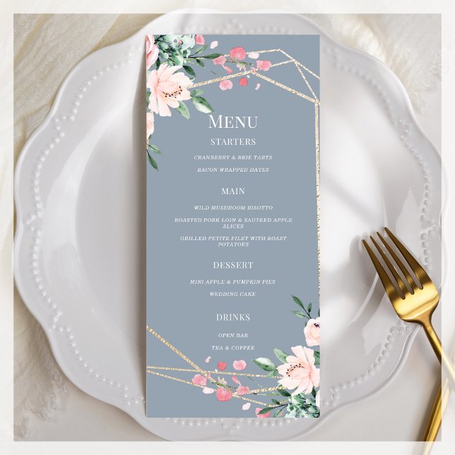 Dusty Blue | Gold | Blush Pink Floral Wedding Menu (Creator Uploaded)