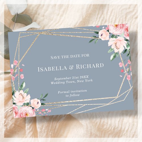 Dusty Blue  Gold  Blush Pink Floral Wedding  Save The Date