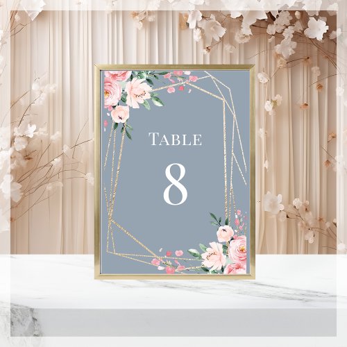 Dusty Blue  Gold  Blush Pink Floral Wedding  Table Number