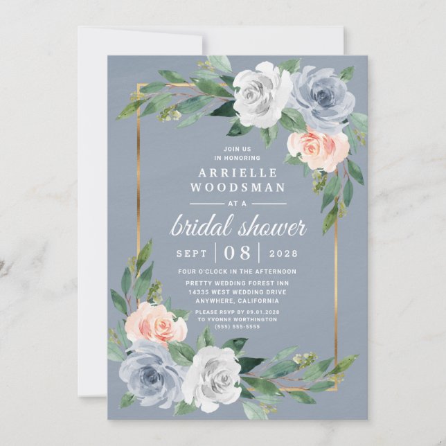 Dusty Blue Gold Blush Pink Peach Bridal Shower Invitation (Front)