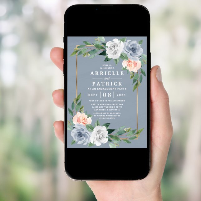 Dusty Blue Gold Blush Pink Peach Engagement Party Invitation (Front Digital)