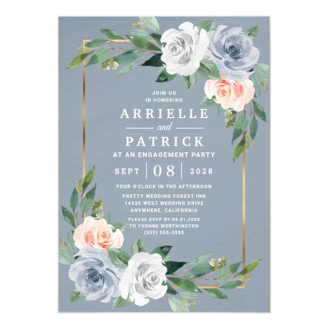 Dusty Blue Gold Blush Pink Peach Engagement Party Invitation