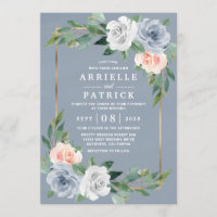 Dusty Blue Gold Blush Pink Peach Floral Wedding Invitation