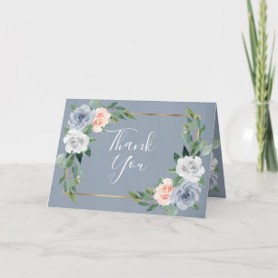 Dusty Blue Gold Blush Pink Peach Floral Wedding Letterpress Thank You Card
