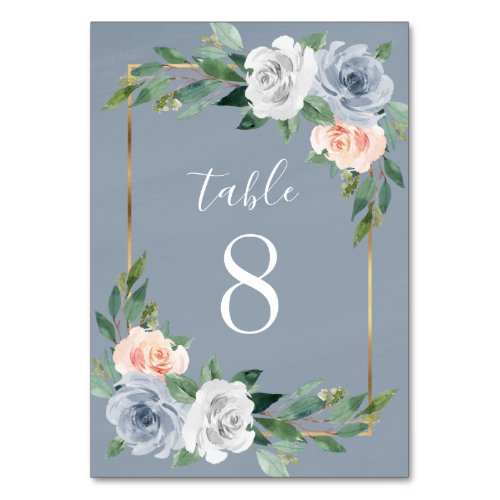 Dusty Blue Gold Blush Pink Peach Floral Wedding Table Number