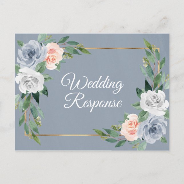 Dusty Blue Gold Blush Pink Peach Wedding RSVP Invitation Postcard (Front)