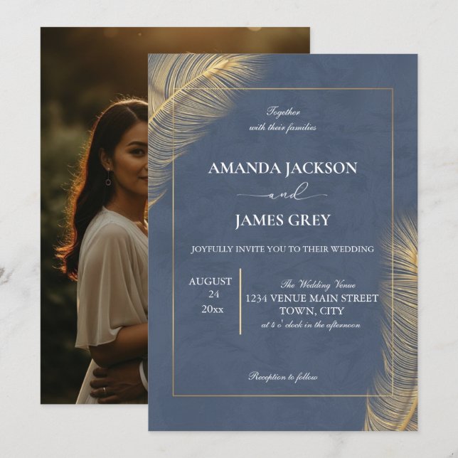 Dusty Blue Gold Botanical Photo Back Wedding Invitation (Front/Back)