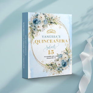 Dusty Blue Gold Botanical Quinceañera Keepsake  3 Ring Binder