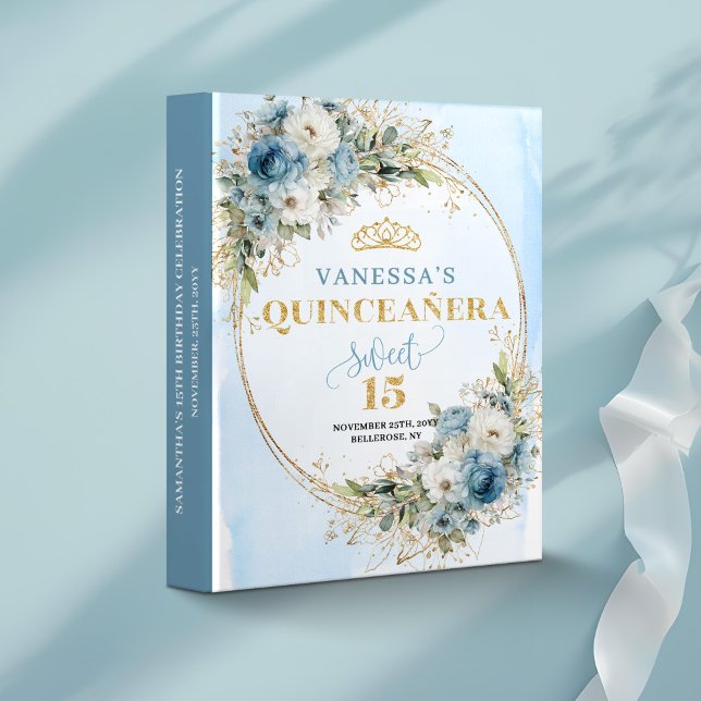 Dusty Blue Gold Botanical Quinceañera Keepsake  3 Ring Binder (Dusty Blue Gold Botanical Quinceañera Keepsake Album)