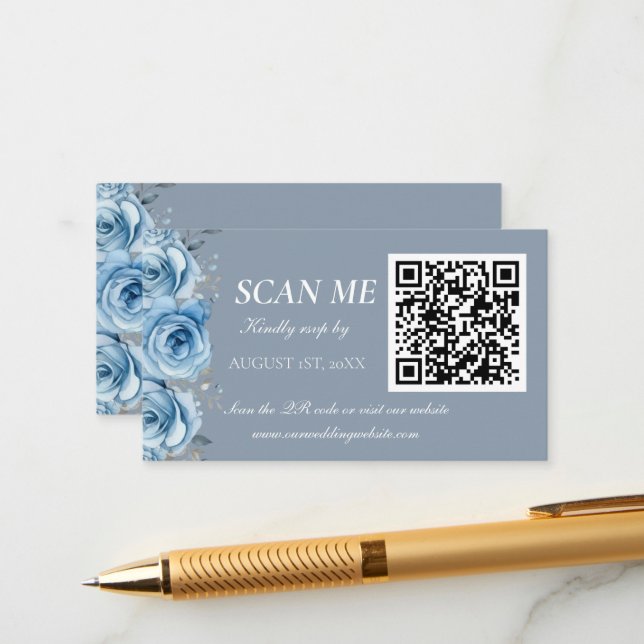 Dusty Blue Gold Botanical Wedding RSVP Enclosure  Card (Front/Back In Situ)