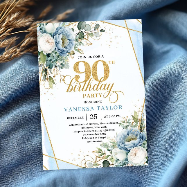 Dusty blue gold botanicals frame 90th birthday  invitation (Dusty blue gold botanicals frame 90th birthday celebration)