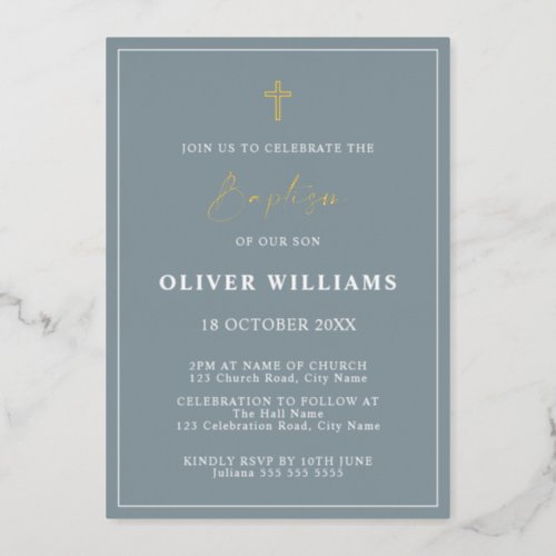 Dusty Blue  Gold Boy Baptism Foil Invitation