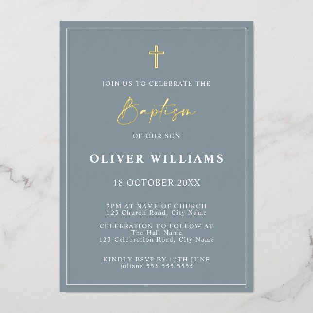 Dusty Blue & Gold Boy Baptism Foil Invitation (Front)
