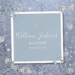 Dusty Blue Gold Cross Baptism Christening Napkins