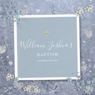 Dusty Blue Gold Cross Baptism Christening Napkins