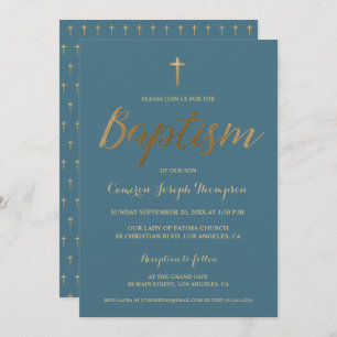 Dusty Blue Gold Cross Custom Baby boy Baptism Invitation