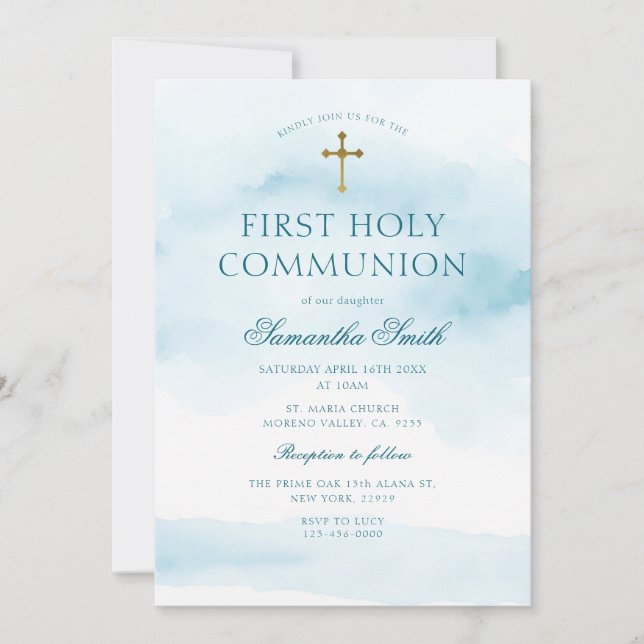 Dusty Blue Gold Cross First Holy Communion Invitation (Front)