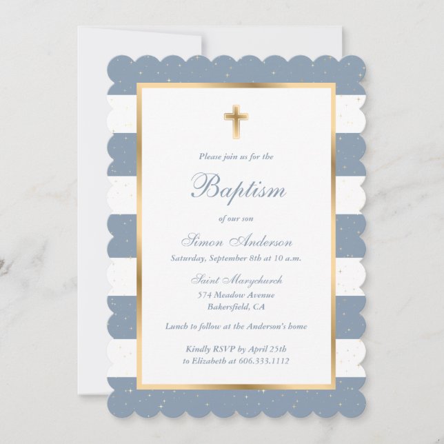 Dusty Blue Gold Cross Stars Striped Baptism Invitation (Front)