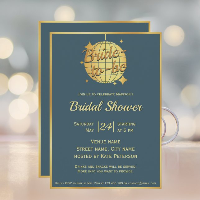 Dusty blue gold disco ball bridal shower  invitation (Creator Uploaded)