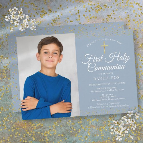 Dusty Blue Gold Dust First Holy Communion Photo Invitation