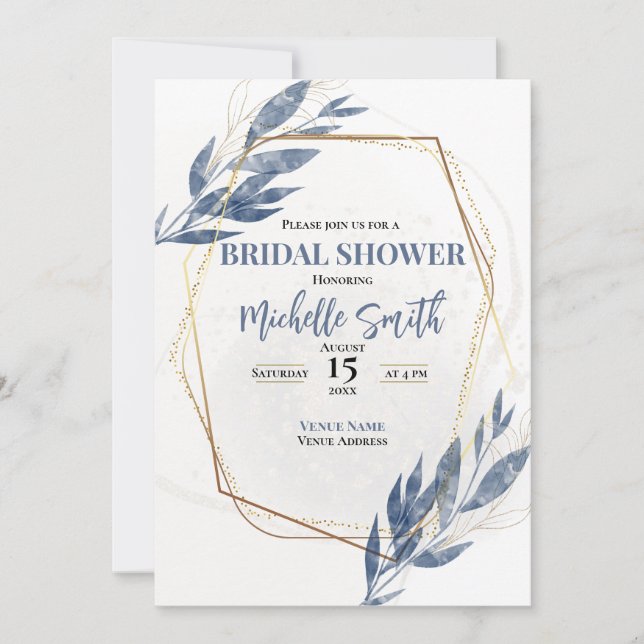 Dusty Blue Gold Eucalyptus Floral Bridal Shower Invitation (Front)