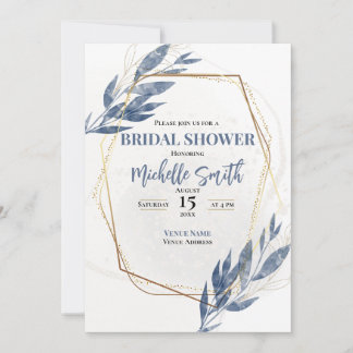 Dusty Blue Gold Eucalyptus Floral Bridal Shower Invitation