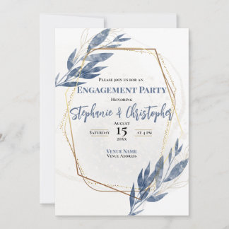 Dusty Blue Gold Eucalyptus Floral Engagement Invitation