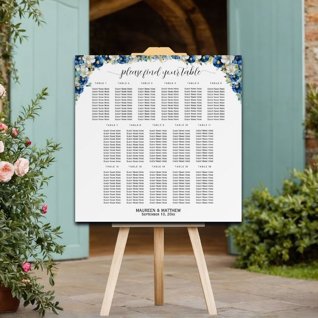 Dusty Blue Gold Floral 16 Tables Wedding Seating   Foam Board (Creator Uploaded)