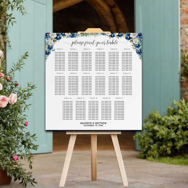 Dusty Blue Gold Floral 17 Tables Wedding Seating   Foam Board (Creator Uploaded)