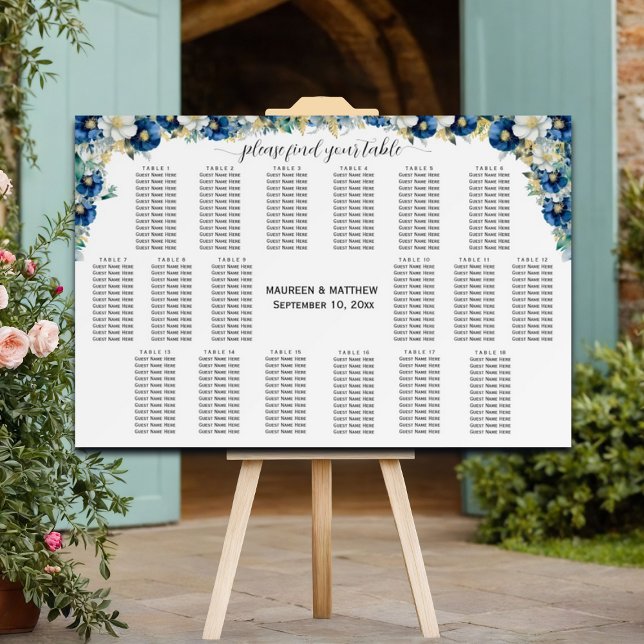 Dusty Blue Gold Floral 18 Tables Wedding Seating  Foam Board (Creator Uploaded)