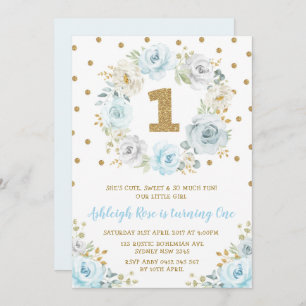 Dusty Blue Gold Floral 1st Birthday Wild One Party Invitation