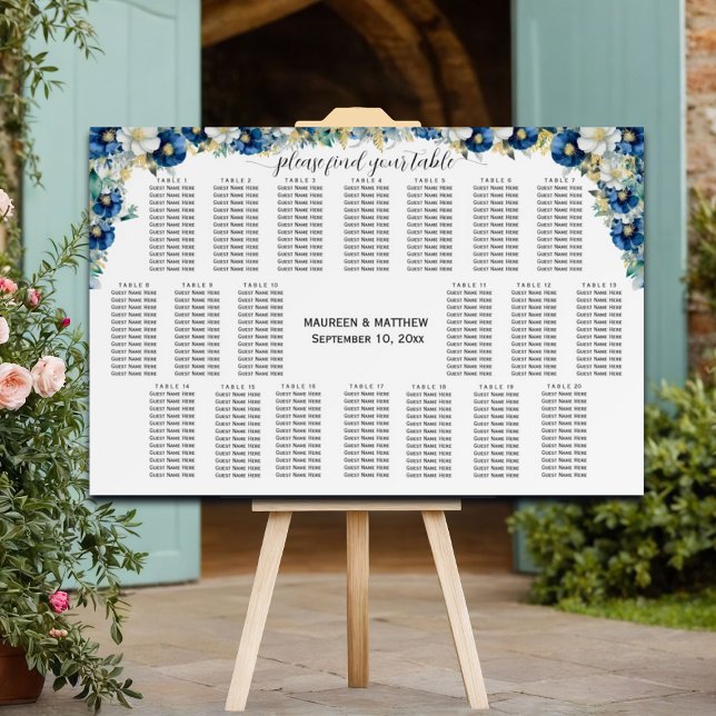 Dusty Blue Gold Floral 20 Tables Wedding Seating  Foam Board (Creator Uploaded)