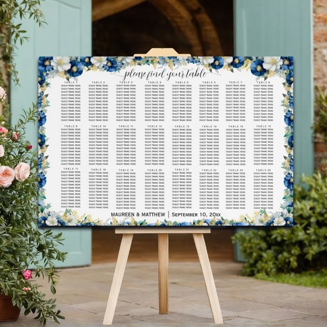 Dusty Blue Gold Floral 24 Tables Wedding Seating  Foam Board (Creator Uploaded)