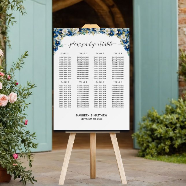 Dusty Blue Gold Floral 8 Tables Wedding Seating Foam Board (Creator Uploaded)
