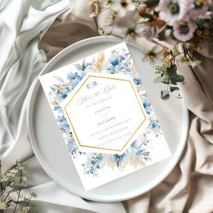 Dusty Blue Gold Floral Bloom all in one Wedding Save The Date