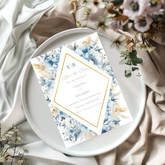 Dusty Blue Gold Floral Bloom all in one Wedding Save The Date (Creator Uploaded)