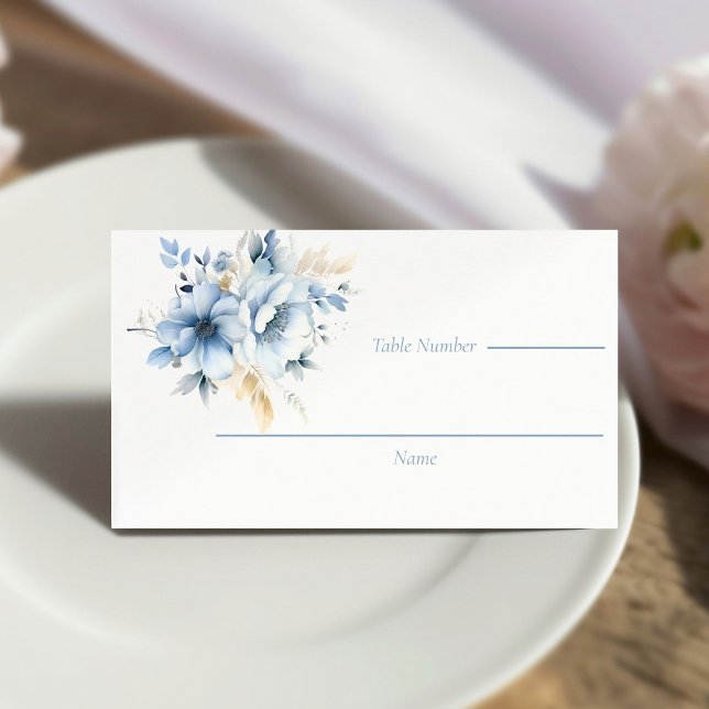 Dusty Blue Gold Floral Bloom  Wedding Place Card (Creator Uploaded)