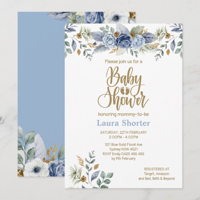 Dusty Blue Gold Floral Boy Baby Shower Invitation (Front/Back)