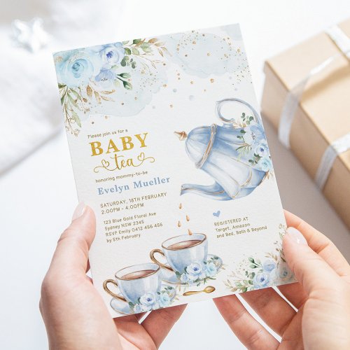 Dusty Blue Gold Floral Boy Baby Shower Tea Party Invitation