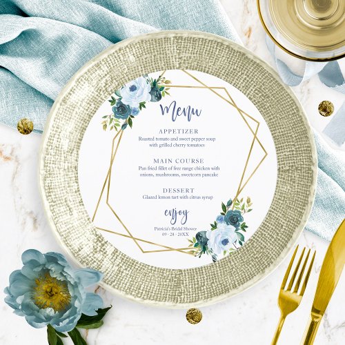 Dusty Blue Gold Floral Bridal Shower Round Menu Invitation