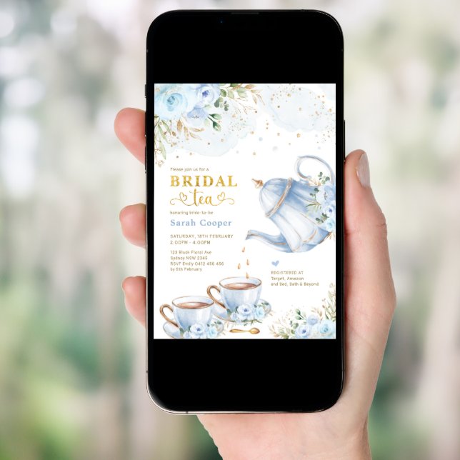 Dusty Blue Gold Floral Bridal Shower Tea Party Invitation (Front Digital)
