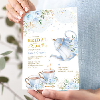 Dusty Blue Gold Floral Bridal Shower Tea Party Invitation by BlueBunnyStudio at Zazzle